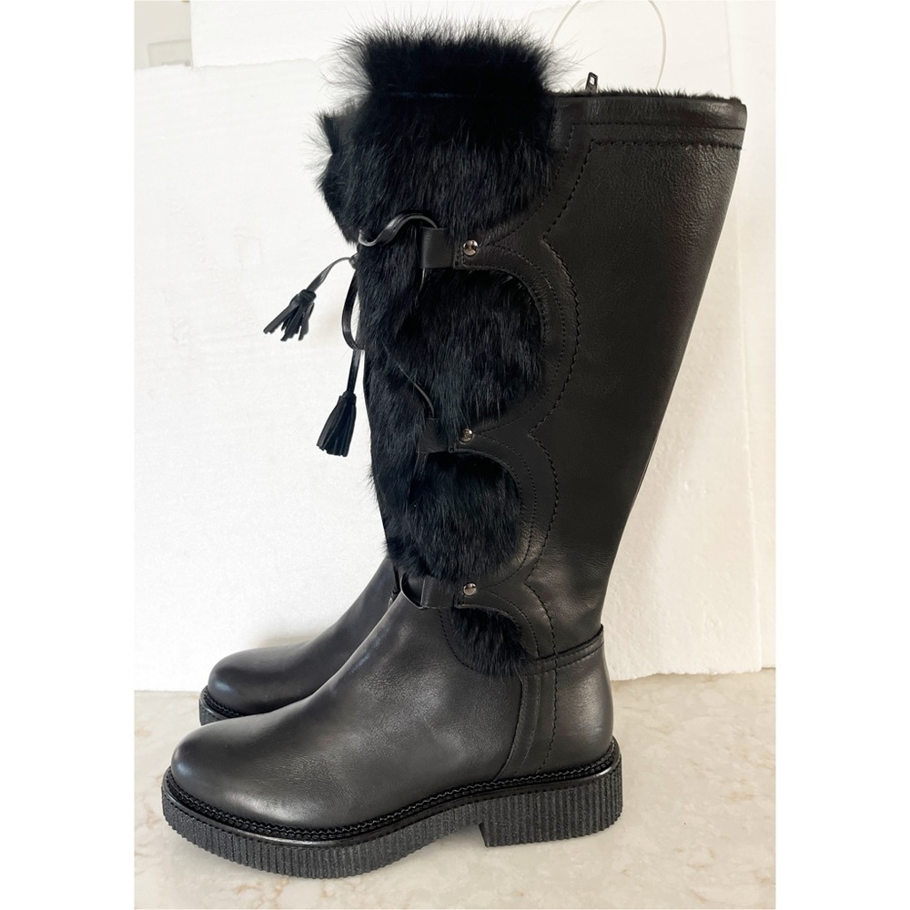 Elena Italian Designer Black Leather & Rabbit Fur Knee High Lace Boot 37 NWT